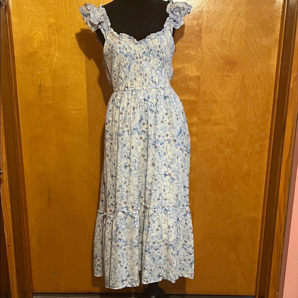 American Eagle Outfitters XS Blue and White Ruffle Maxi Dress